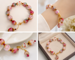 Elegant Floral Beaded Bracelet for Women – Handmade Style Pink Flower Pearl Bracelet