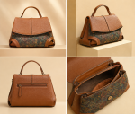 Women’s Vintage Leather Handbag – Elegant Brown Top Handle Shoulder Bag with Printed Design