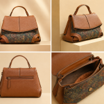Women’s Vintage Leather Handbag – Elegant Brown Top Handle Shoulder Bag with Printed Design