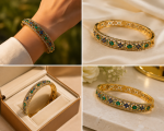 Premium Gold-Plated Lattice Bangle with Emerald & Sapphire Accents