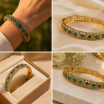 Premium Gold-Plated Lattice Bangle with Emerald & Sapphire Accents