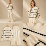 Women’s Knit 2-Piece Co-Ord Set – Cream Striped Sweater & Wide-Leg Pants Winter Outfit
