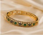 Premium Gold-Plated Lattice Bangle with Emerald & Sapphire Accents - Image 3