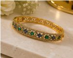 Premium Gold-Plated Lattice Bangle with Emerald & Sapphire Accents - Image 5