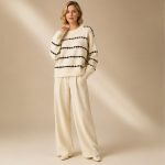 Women’s Knit 2-Piece Co-Ord Set – Cream Striped Sweater & Wide-Leg Pants Winter Outfit - Image 2