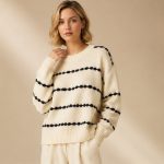Women’s Knit 2-Piece Co-Ord Set – Cream Striped Sweater & Wide-Leg Pants Winter Outfit - Image 3
