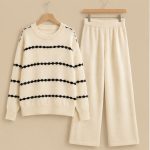 Women’s Knit 2-Piece Co-Ord Set – Cream Striped Sweater & Wide-Leg Pants Winter Outfit - Image 4